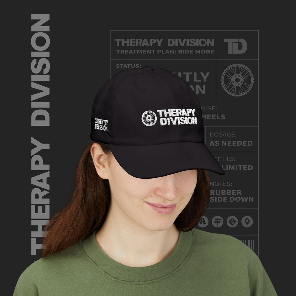 Therapy Division Cap – Minimal White Embroidered Baseball Hat
